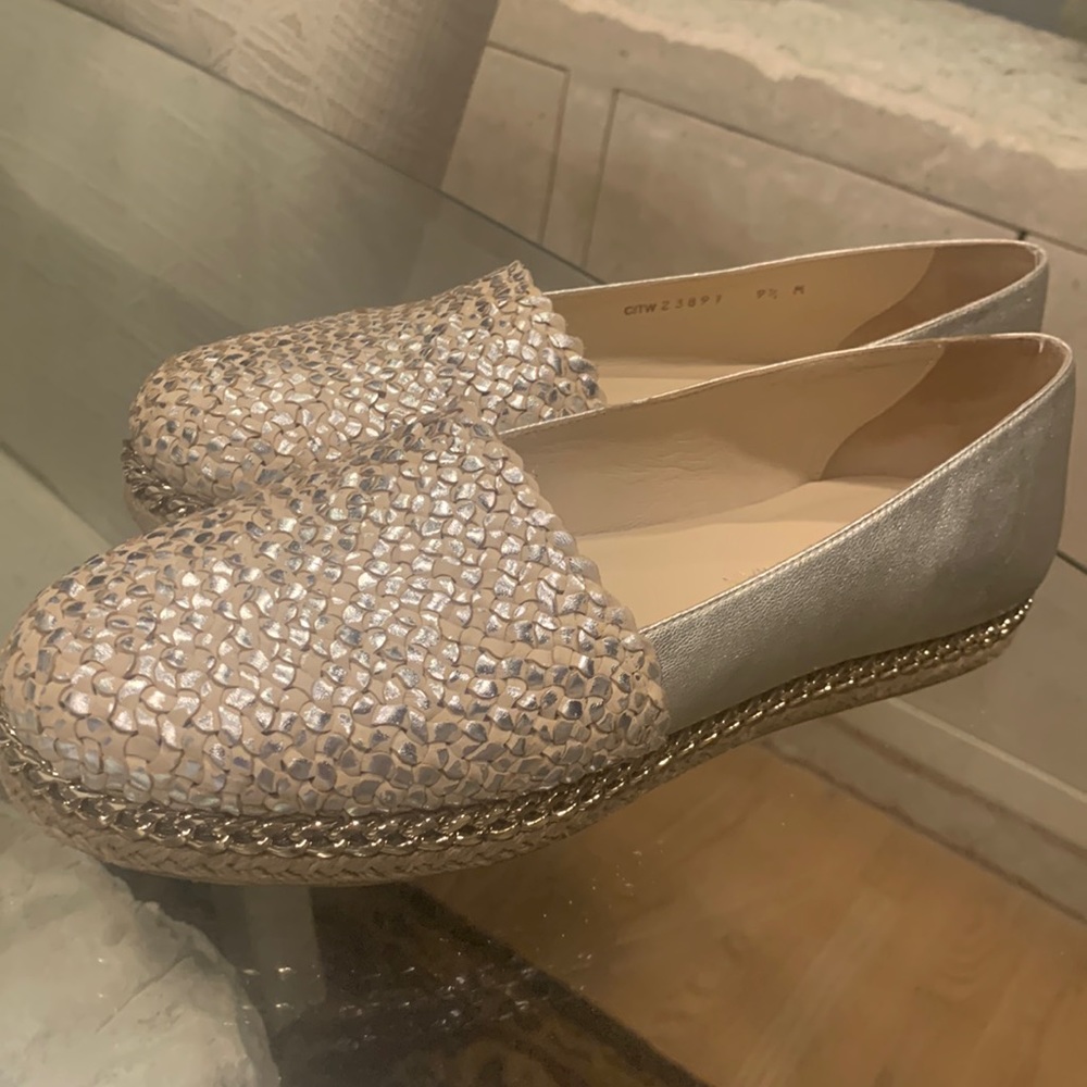 Stuart Weitzman Chain-trimmed Woven Metallic Leather Espadrille Flats